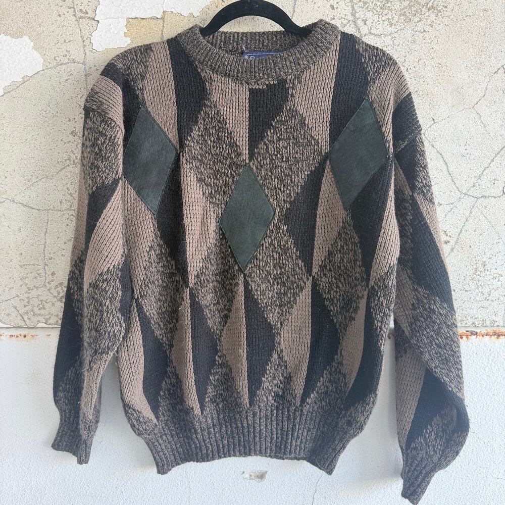 Vtg Argyle Sweater Leather Patches Brown Black Knit 90s Barnaby Grandpa Academia